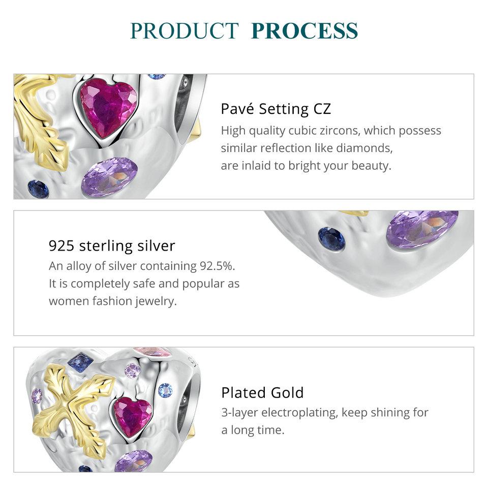 WOSTU 925 Sterling Silver Mother's Day Gold Charm Heart Wing Pendant Cross Tree Stopper Beads Fit Original Bracelet Guard Gift