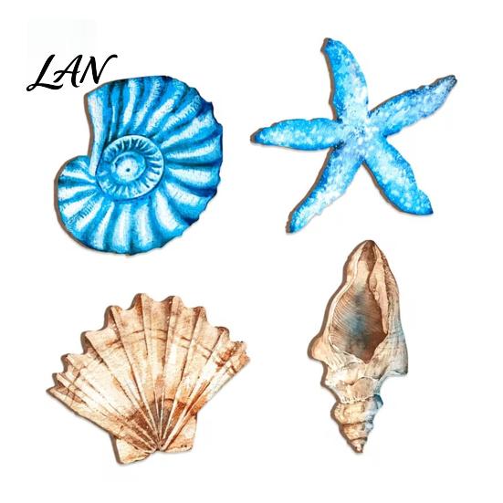 Wooden Seashell Wall Decorations 4Pcs/Set Shell Starfish Decor, And Conch Art, Coastal Bedroom Ornament Signs for Beach House Home Bathroom