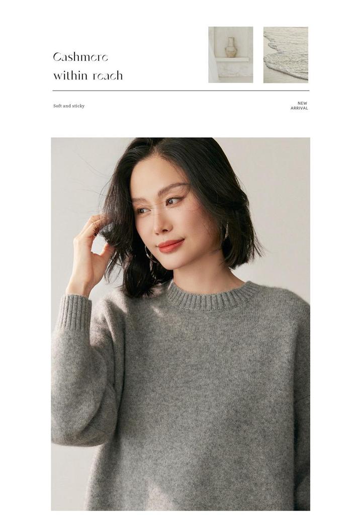Women's Cashmere Knit Sweater: 2026 Autumn/Winter, Round Neck, Solid Color, Thickened Warm, Lazy Style.