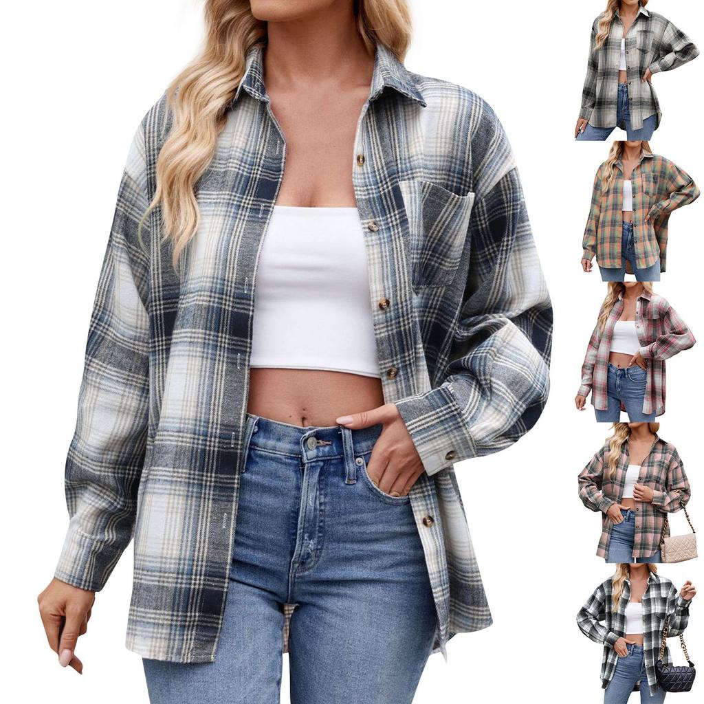 Women's Fashionable Wide Plaid Long Sleeved Loose Button Pocket Shirt Jacket