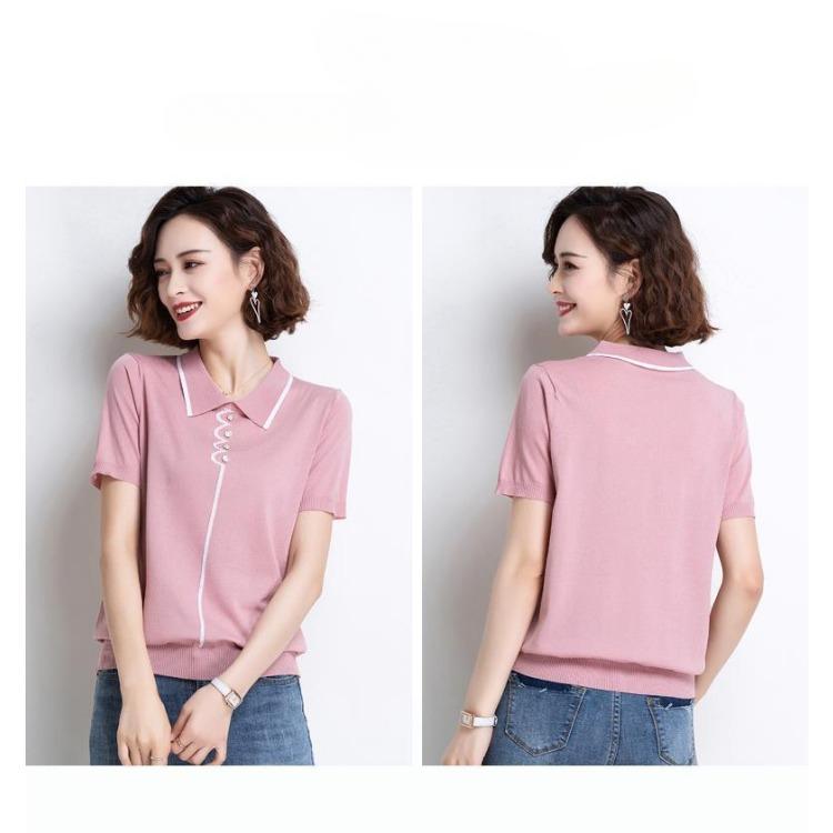 Женская трикотажная рубашка с коротким рукавом и кукольным вырезом, универсальная, модная, повседневная, большого размера, летняя, тонкая