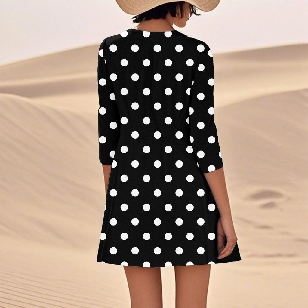 Женское однотонное модное свободное повседневное платье с рукавом три четверти Женское модное свободное повседневное платье с принтом в горошек и рукавом три четверти