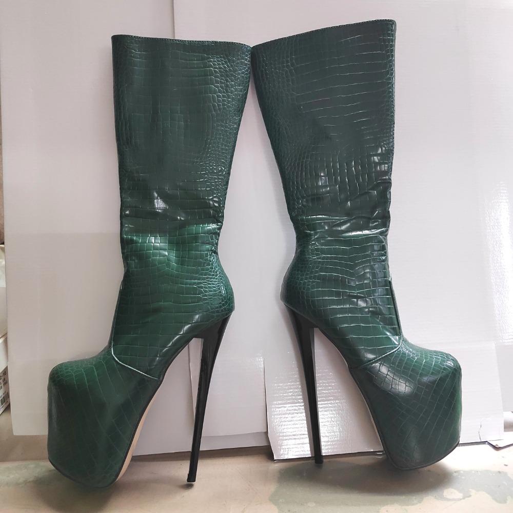 Sexy Women Boots Girls High Heel Boots Pleated Patent Leather Snake Pattern Round Toe Zip Shoes