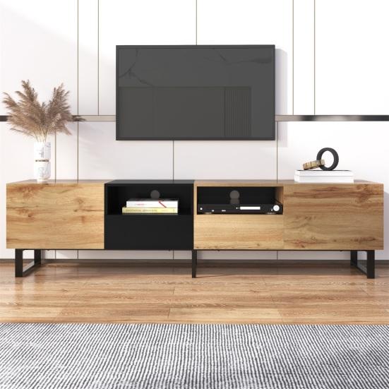 TV Media Cabinet with Open Shelves 2 Doors Metal Legs Space Stand Saving Strong Load-bearing Color Blocking Living Room Furniture Console