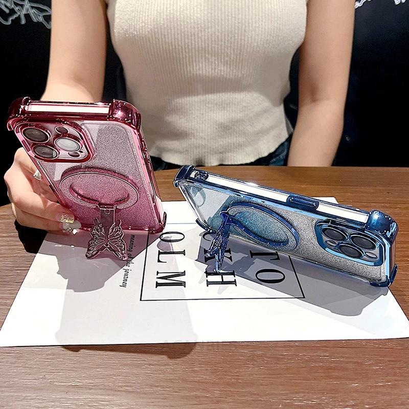 Чехол силиконовый с блестками и бабочкой-подставкой с градиентным покрытием для Xiaomi Redmi Note 14 Pro Plus, противоударный чехол для Mi Poco X7