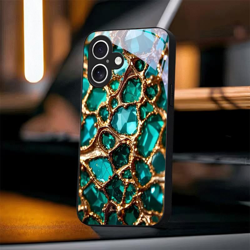 Роскошный чехол для телефона iPhone 18 17 Air 16 E 15 Plus 14 Pro Max 13 12 mini 11 7 8 Plus X с зеленым камнем, золотым и черным стеклом