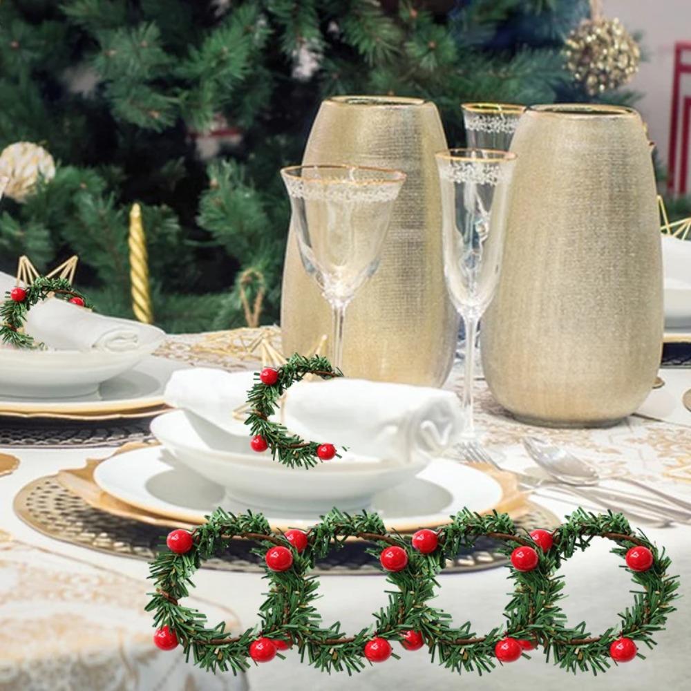 6pcs PVC Christmas Pine Needle Napkin Ring Simulation Napkin Buckle Creative Napkin Holder Xmas
