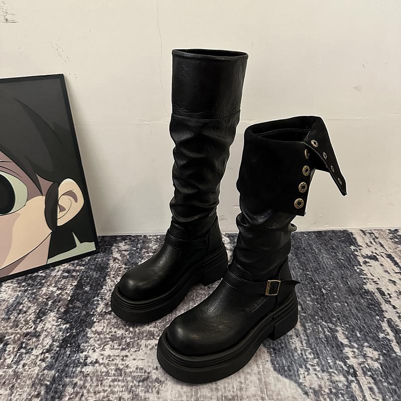 Women'S Platform Motorcycle Boots Buckle Strap Thick-Soled Boots Feamle New Fashion Black Pu Leather Western Knight Botas Mujer
