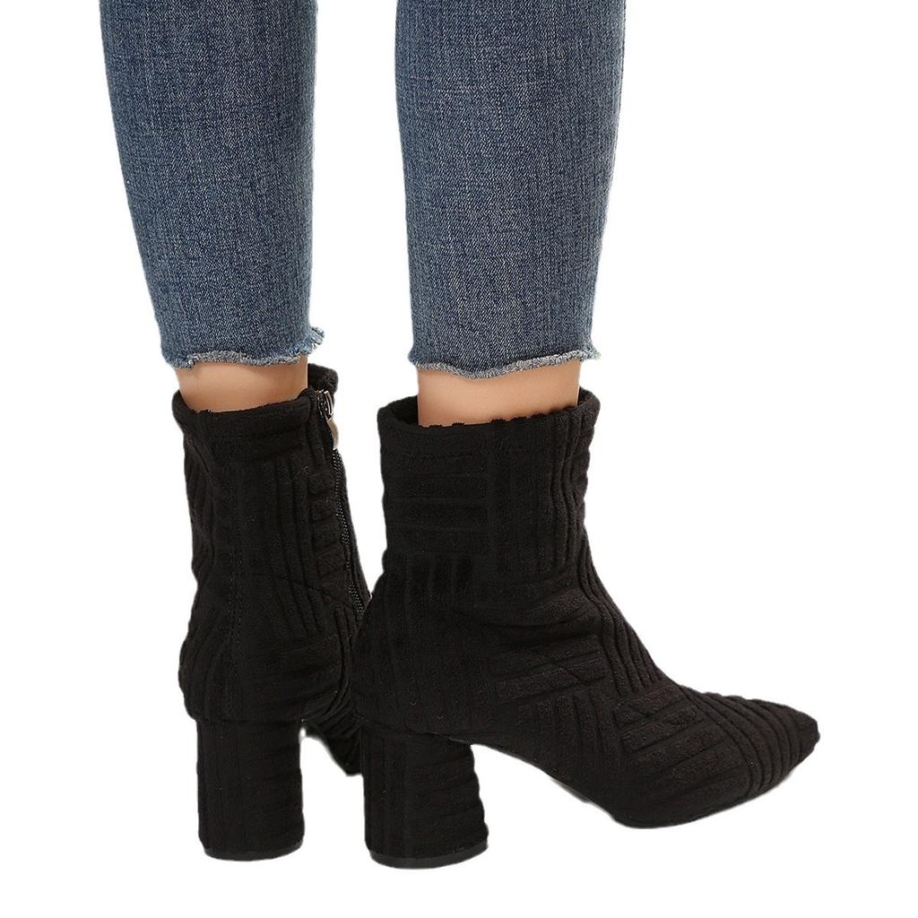 Женские тканевые ботильоны на высоком каблуке больших размеров, однотонные, с боковыми молниями, с острым носком, короткие, на толстом каблуке, новинка 2025