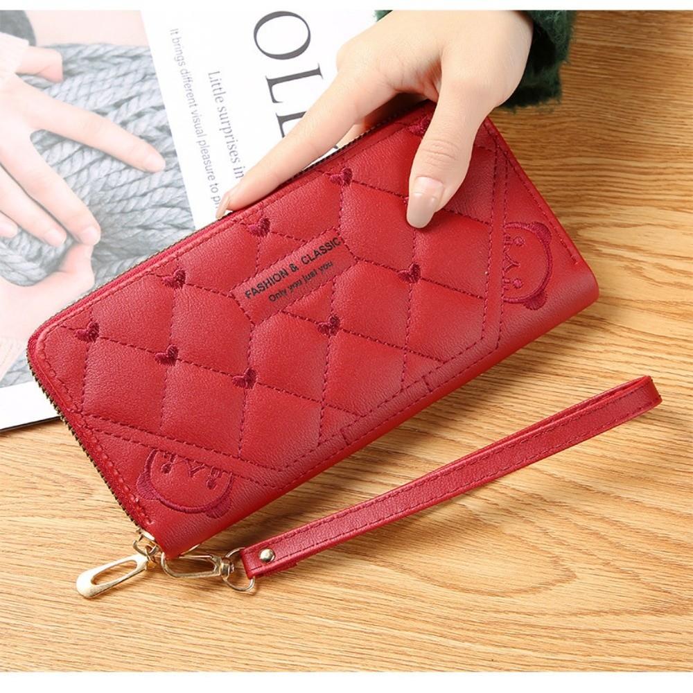 Fashion PU Leather Long Wallet Zipper Large Capacity Coin Purse Embroidery Wristlet Handbag Women