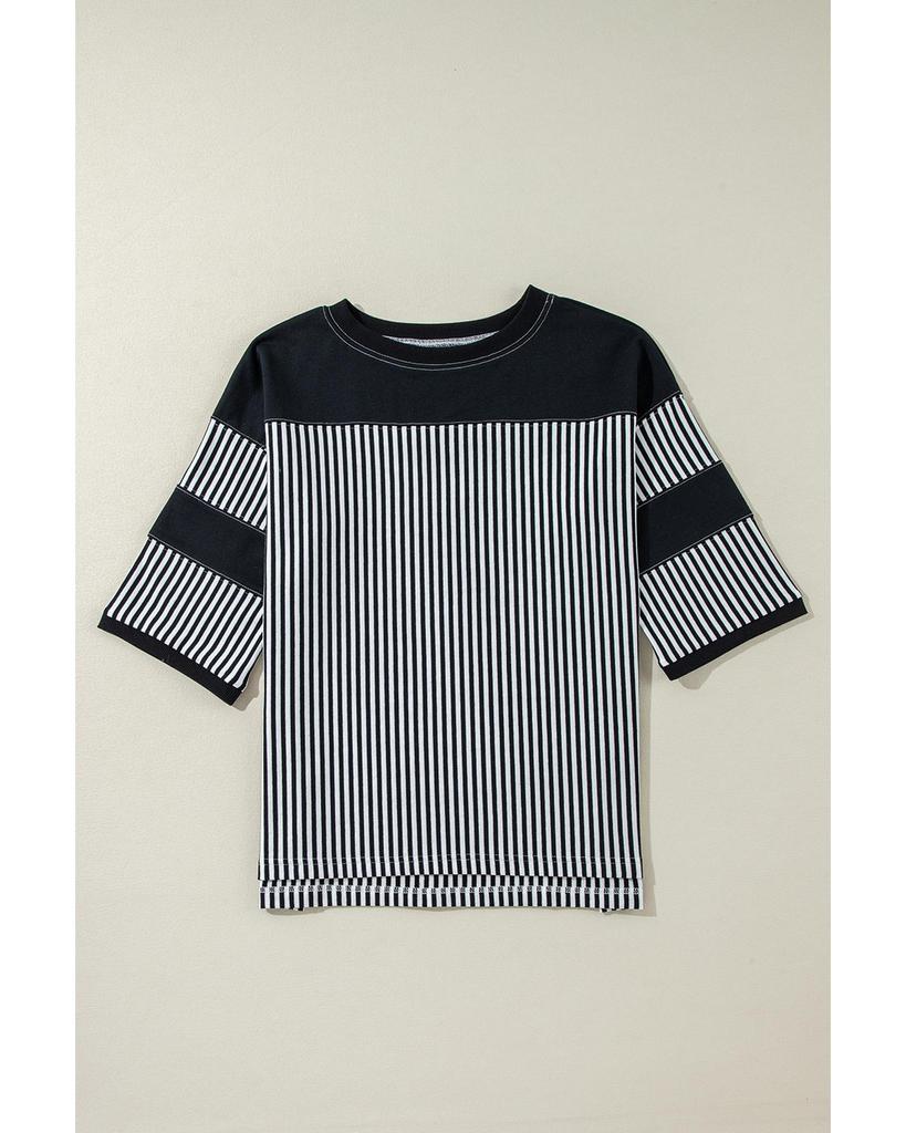 Azura Exchange Black White Striped Patchwork 3/4 Sleeve Oversize Top