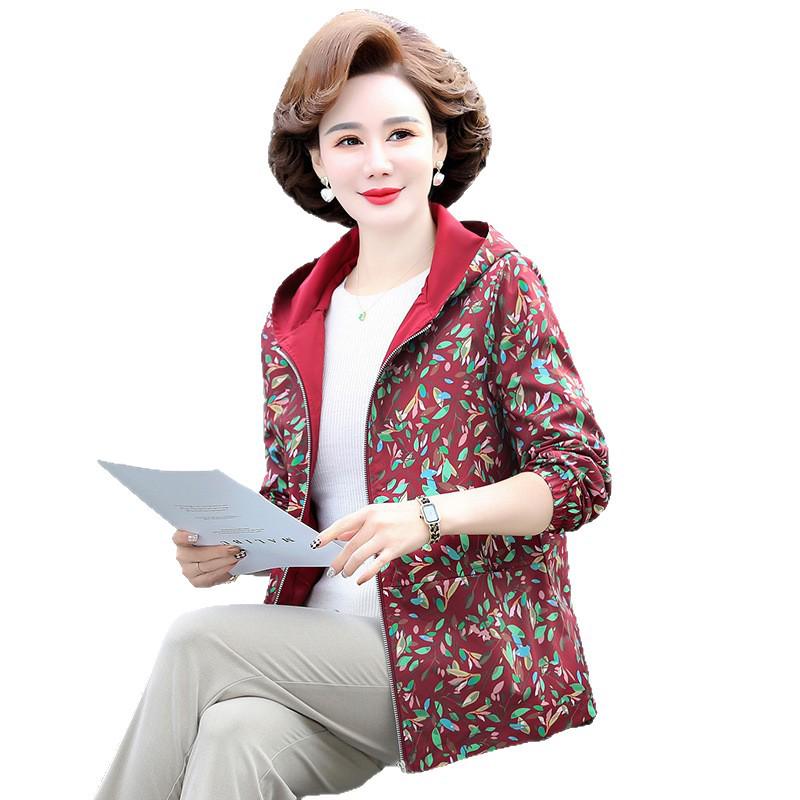 Ветрозащитная куртка с капюшоном, весенняя, с цветочным принтом, для мам среднего и пожилого возраста - Большой размер, теплая, стройнящая