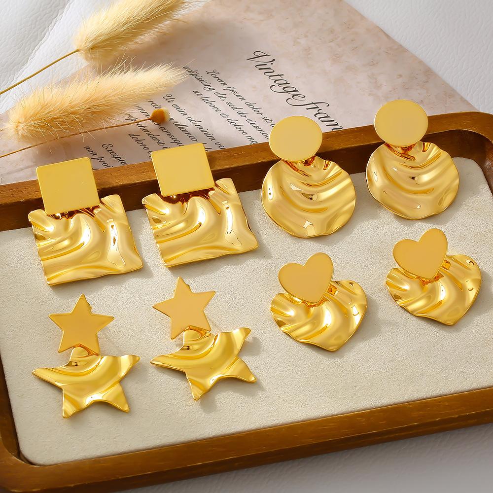 Wind Exquisite Women's Geometric Pleated Smooth Earrings Copper Plated 18k Real Gold Earrings