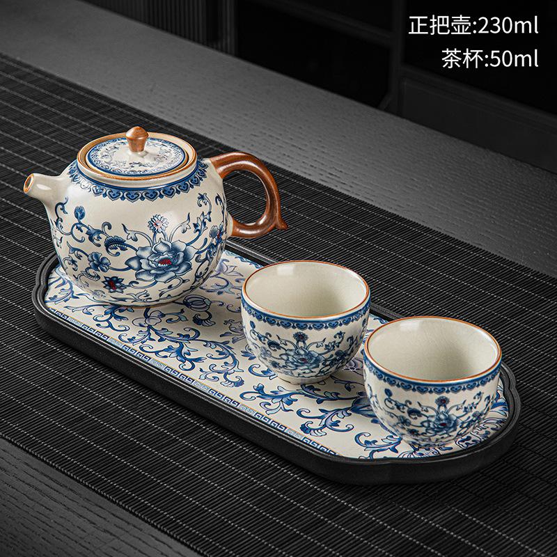 New Chinese Style Huangru Kiln Flower Teaware Sets with One Pot and Two Cups Tea Set and Dry Brewing Plate Tea Stand