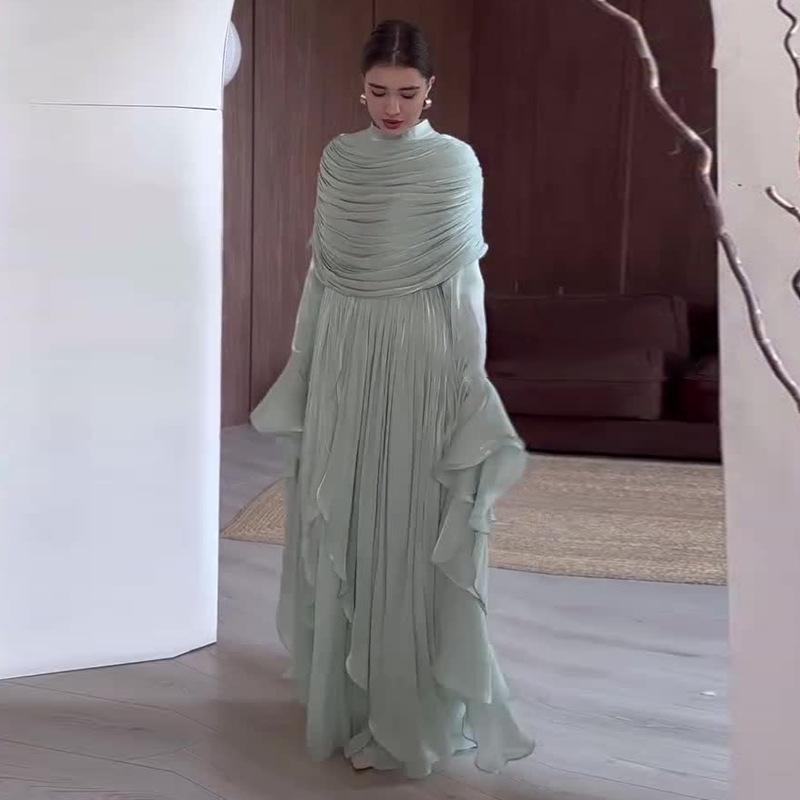 Женское formalное макси-платье с круглым вырезом и длинными рукавами, облегающего кроя, со средней посадкой, из плиссированного шифона, вечернее платье для гостей на свадьбу, банкета, осенних официальных мероприятий