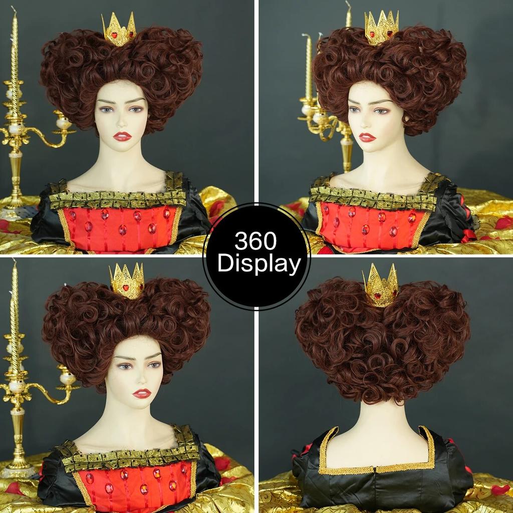 Королевский парик королевы, темно-красные короткие вьющиеся волосы, синтетическое сердце, парики для косплея, костюм на Хэллоуин, парик для вечеринки