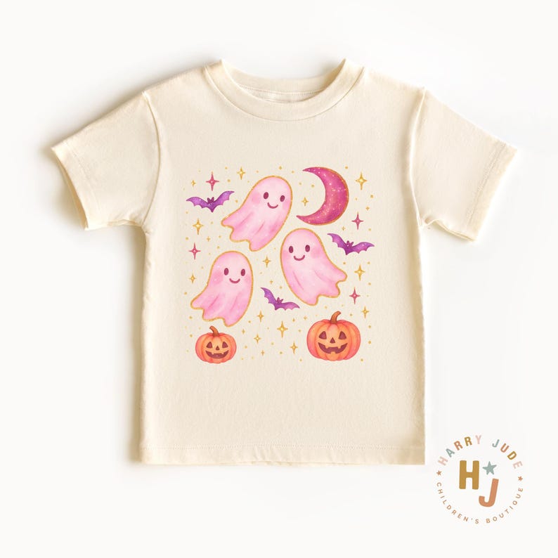 Girls Halloween Kids Shirt - Cute Pumpkin Ghost Coquette Toddler Shirt - Retro Halloween Kids Tee - Cute Ghost Natural Shirt - Pink Ghosts