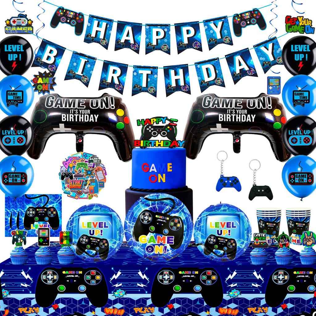 Video Game Birthday Decorations,Video Game Party Decorations&Tableware Set-Plates Cups Tablecloth Balloons Hanging Swirls Etc Party Supplies