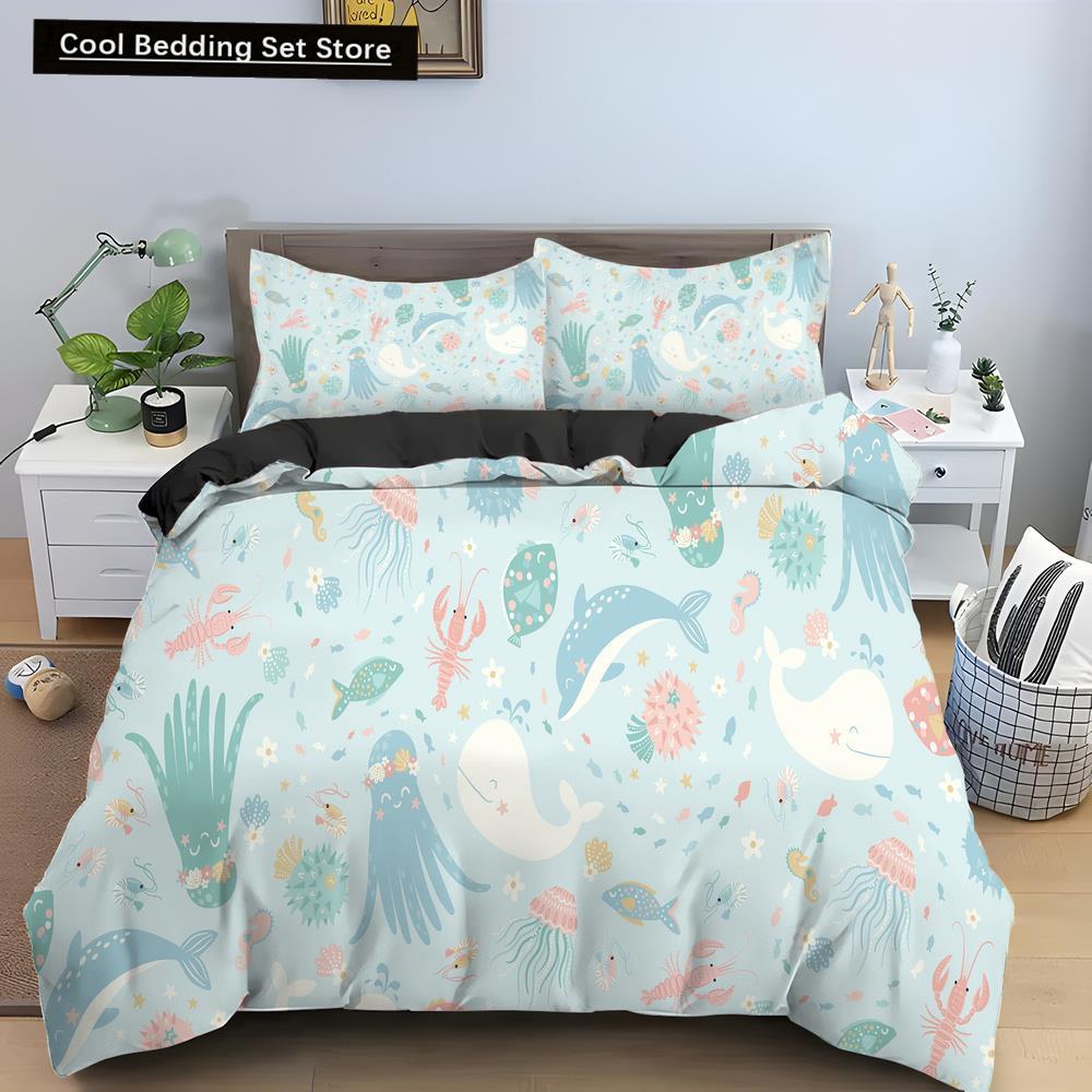 Bule Dolphin Whale King Queen Duvet Cover Underwater World Bedding Set Cartoon Sea Animal Comforter Cover Polyester Quilt Cover