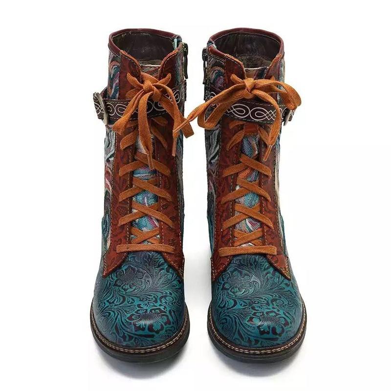 Зимние женские туфли на плоской подошве с вышивкой в этническом стиле, женские кожаные ботинки на шнуровке в стиле ретро, короткие сапоги на молнии