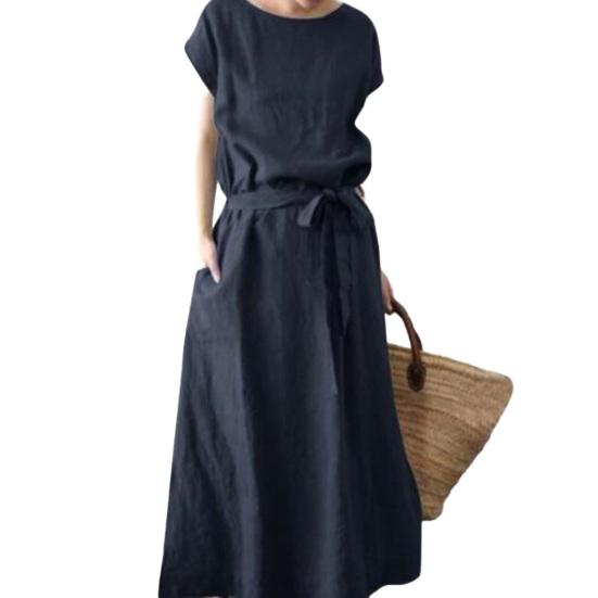 Женское платье макси из хлопка и льна в стиле бохо, летнее, с коротким рукавом, круглым вырезом, длинным платьем, поясом и карманами, повседневный пляжный сарафан