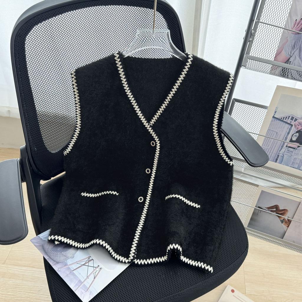 Women's Autumn and Winter Knitted Colour-Crossing V-Neck Cardigan Vest