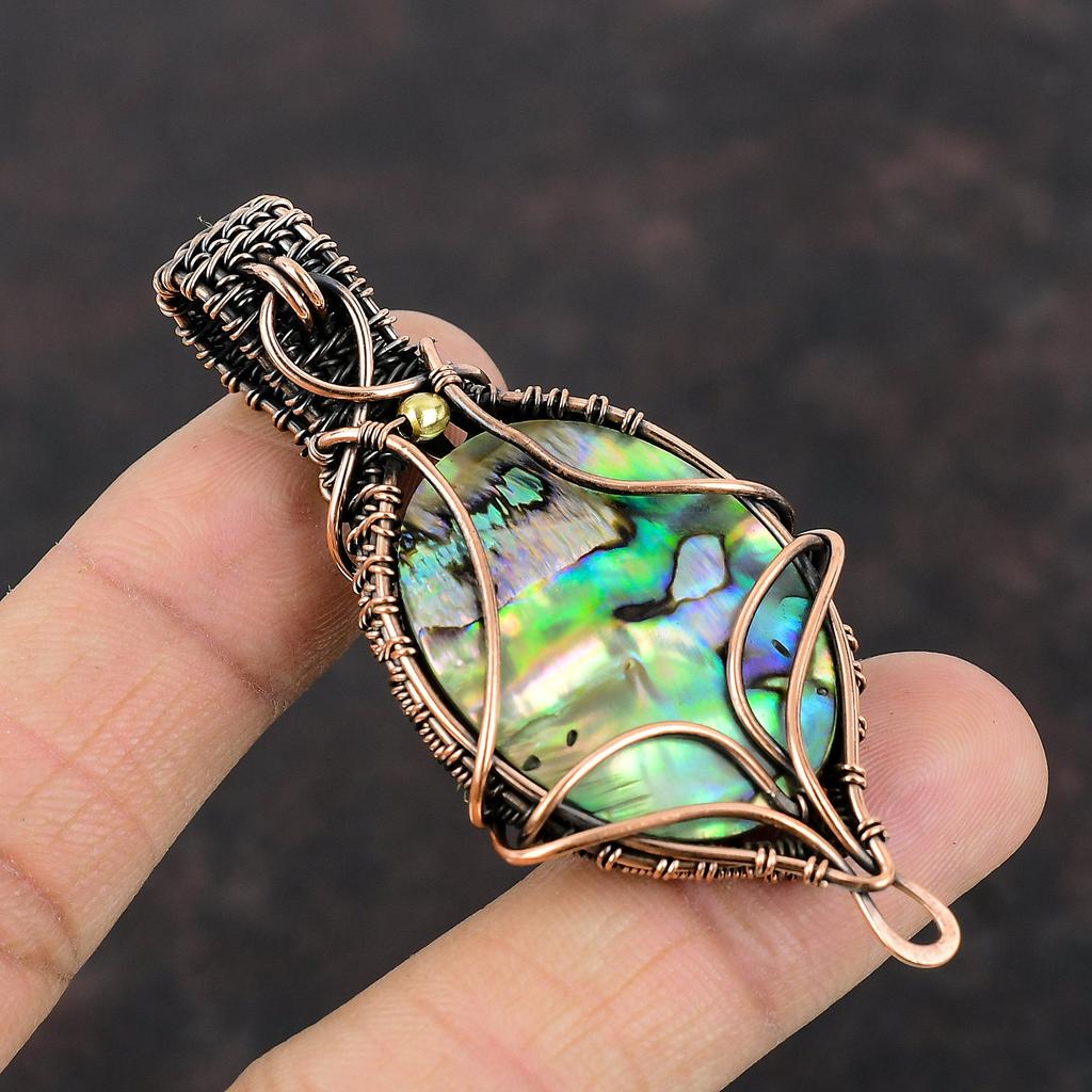 Кулон из раковины абалона Кулон, обернутый медной проволокой Ювелирные изделия из раковины абалона Кулон из драгоценного камня ручной работы Подарок для нее Уникальные ювелирные изделия с медным дизайном