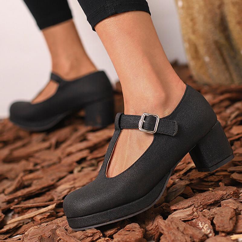 Женские туфли-лодочки на толстом высоком каблуке с круглым носком и Т-образной завязкой с пряжкой для вечеринки, лаконичная модная весенне-осенняя обувь, белый, синий, зеленый, фиолетовый