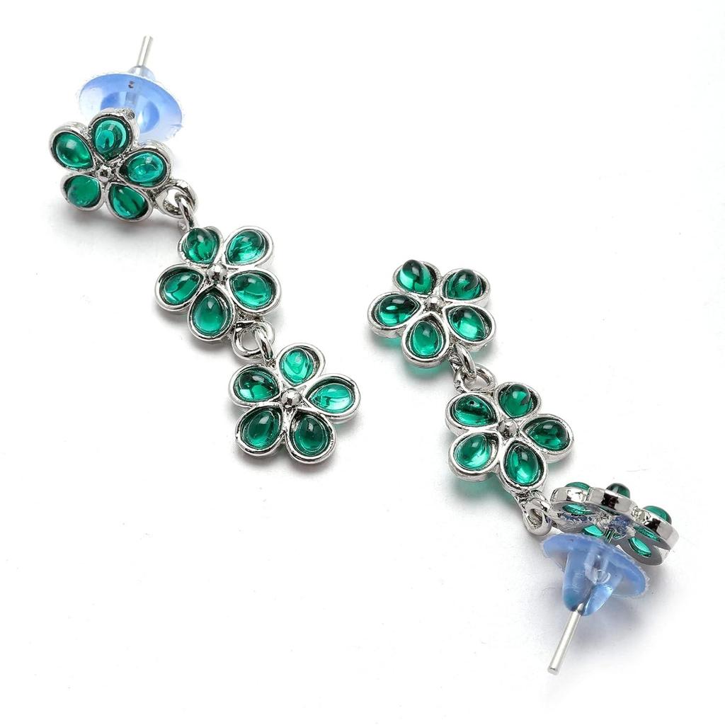 Oxidised Silver-Plated Flower Shaped American Diamond Studded Necklace Earrings Jewellery Set for Girls and Women