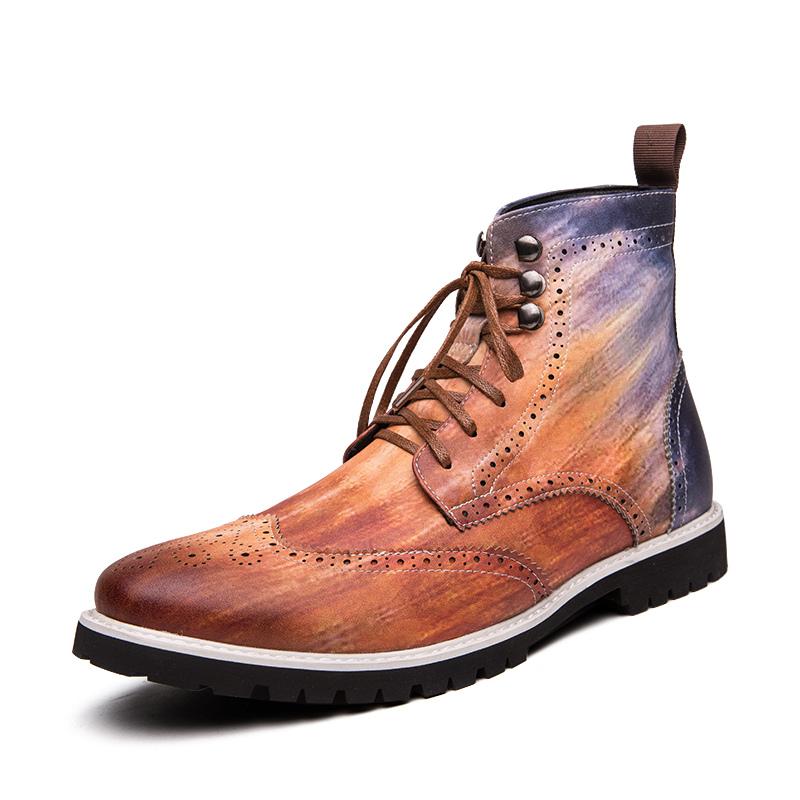 New Retro Style Red Men's Leather Boots Fashion Lace-up Casual Ankle Boots for Men Luxury High-top Dress Shoes Men Cowboy Boots