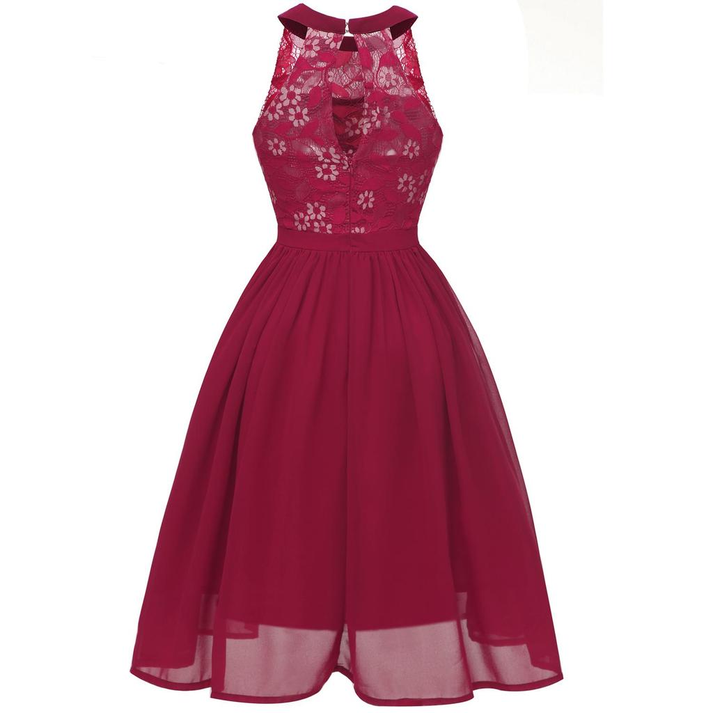 Women's Floral Crochet Lace Bodice Chiffon Midi Prom Dress for Bridesmaid Party Evening Cocktail Celebrity