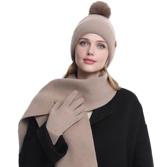 Yousheng 3Pcs/Set Women Hat Scarf Gloves Set Double-Layer Velvet Plush Ball Hat Cold Protection Scarf Touchscreen Gloves Set Ski Cycling Gear