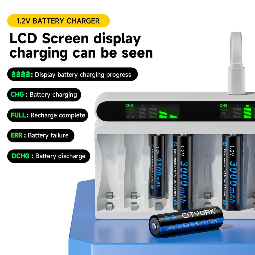 Charger and Battery Combo Kit 12 Slot Smart LCD USB/Type-C Hybrid 1.2V Battery Charger + 1.2V AA/AAA NiMH Rechargeable Battery