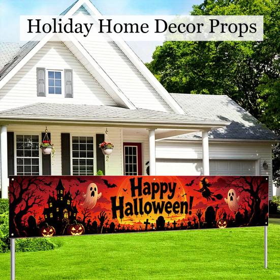 Outdoor Hanging Banners Halloween Fence Banner, 118 x 20 Inch Large Yard Sign Banner Flag, Scary Trick or Treat Party Decor Backdrop Decoration
