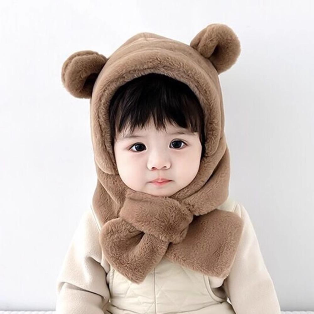 Soft Warm Baby Bear Plush Hat Winter Ear Protection Hats Cute One-Piece Hat Scarf  Boy Girls