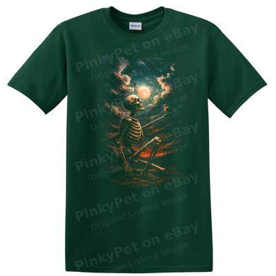 Skeleton Sitting W/ Bird Moonlit Night Art T Shirt Vintage Graphic Tee