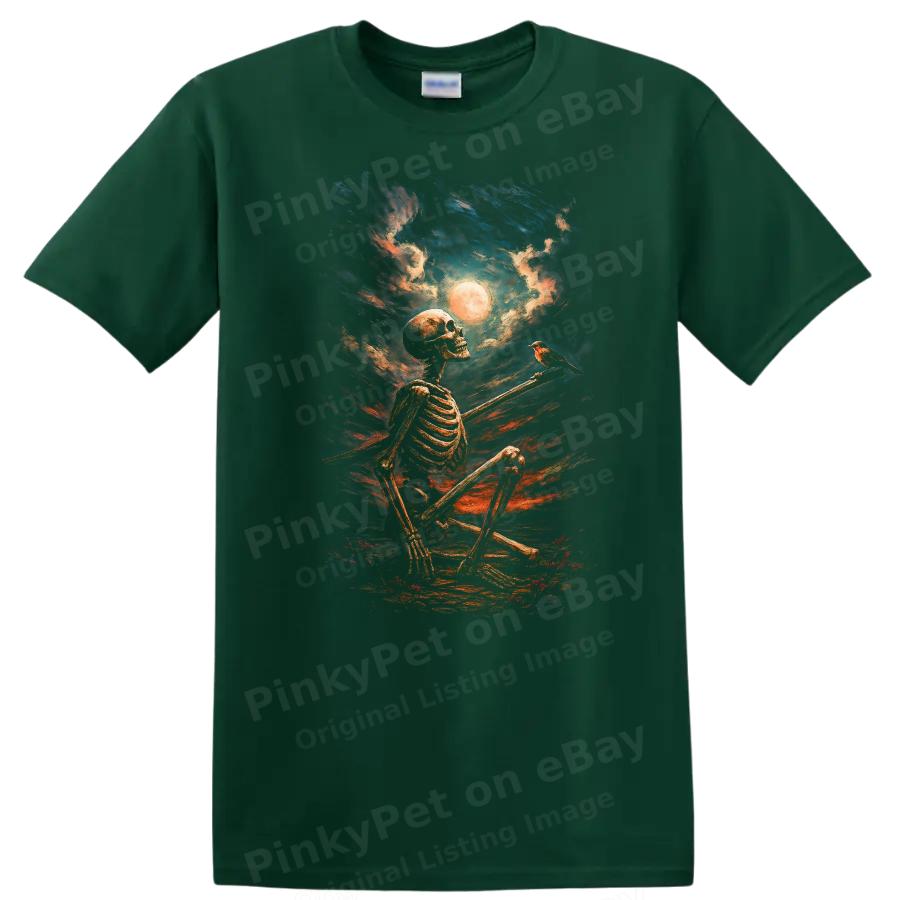 Skeleton Sitting w/ Bird Moonlit Night Art T Shirt Vintage Graphic Tee