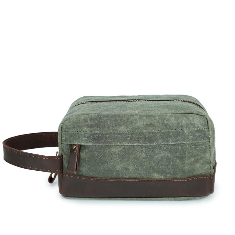 Mens Wax Canvas Toiletry Bag Vintage Handheld Clutch With Leather Wrist Strap Travel Grooming Pouch