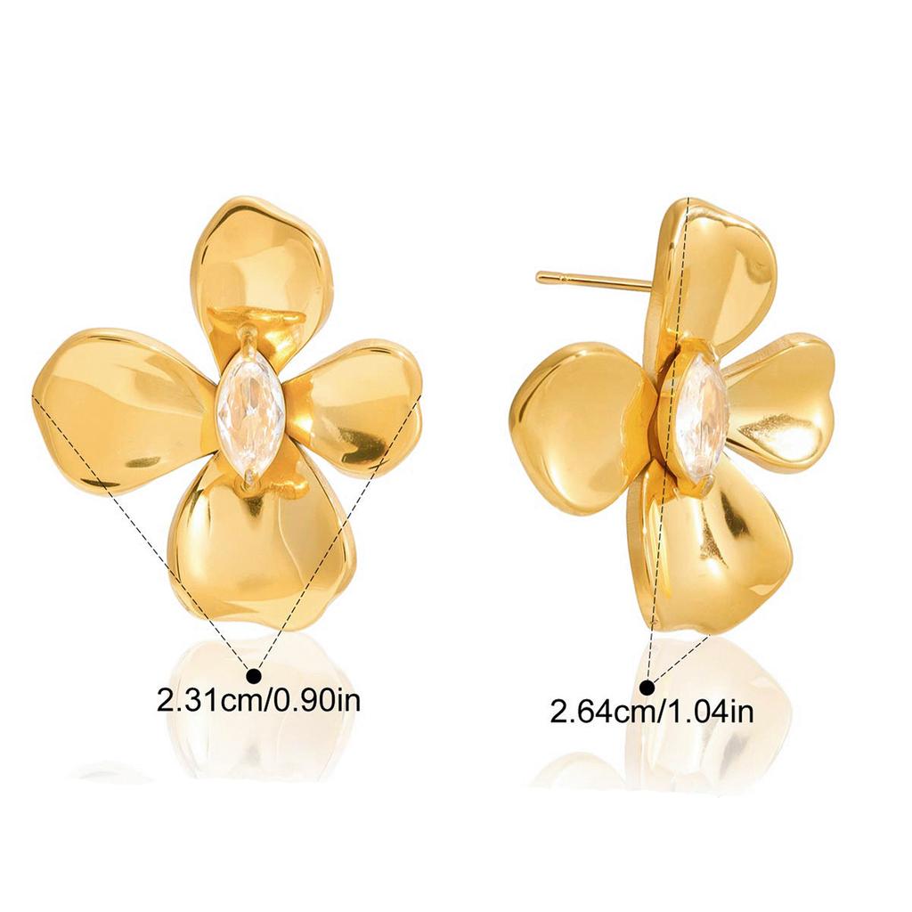 Delicate Shiny Cubic Zirconia Four-petal Flower Stud Earrings 18K Gold Color PVD Plated Stainless Steel Jewelry Gift