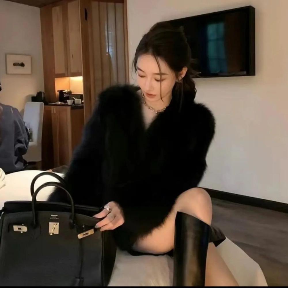 Зимнее классическое темпераментное женское плюшевое короткое пальто с чистым V-образным вырезом, в повседневном стиле, женское пальто из лисьего меха