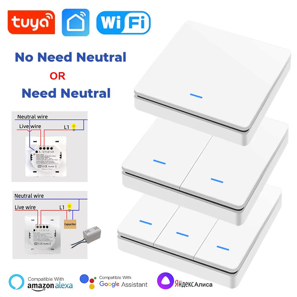 Умный Wi-Fi настенный выключатель света Tuya, кнопочное управление, без/с нейтральным проводом, удаленное управление через приложение, таймер, работает с Alexa, Google Home, Алисой