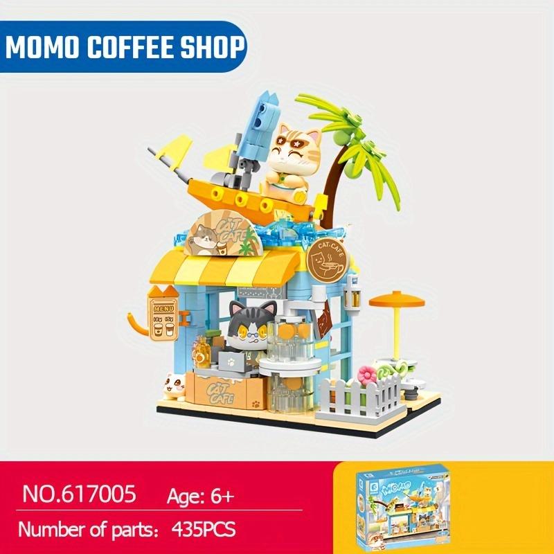 Набор строительных блоков с изображением кошек, кофейней, пекарней и магазином игрушек, вид на город и улицу, идеальный для декора дома и подарков