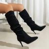 Ladies Shoes Plus Size Knee-High Women's Boots Slip On Modern Boots Women Leopard Pleated Pointed Toe Thin Heel Shoes Women