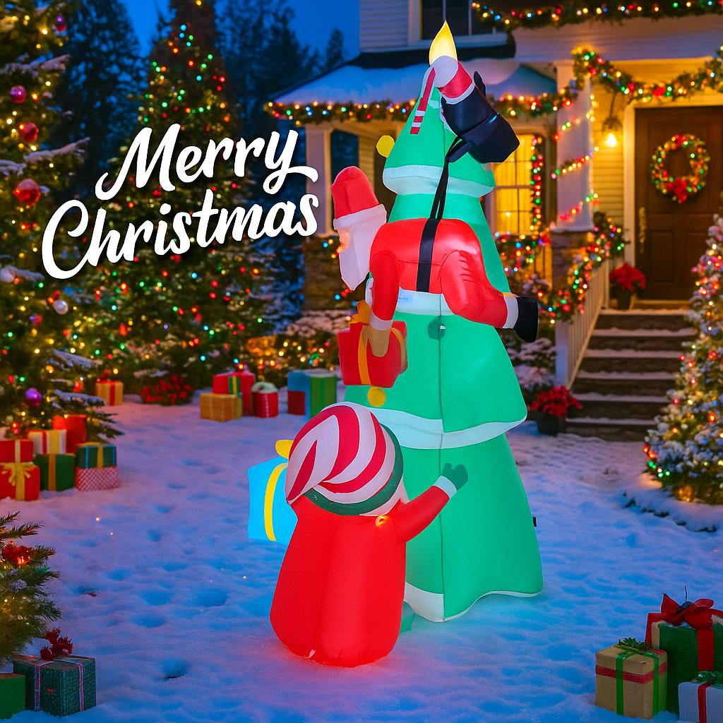 6.89FT Inflatable Toy Christmas Tree Decoration Set Santa Penguin Gift Box Xmas Yard Supplie LED Xmas Home Ornament Festive Gift