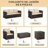 Outdoor Garden Rattan Set 6 Pieces Cushions Double Sofa 3-Seater Sofa 2 Armchairs 2 Side Tables Khaki