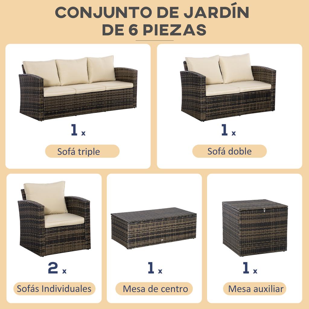 Outdoor Garden Rattan Set 6 Pieces Cushions Double Sofa 3-Seater Sofa 2 Armchairs 2 Side Tables Khaki