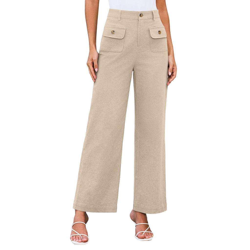 Женские летние однотонные свободные прямые брюки с внешним карманом и высокой талией