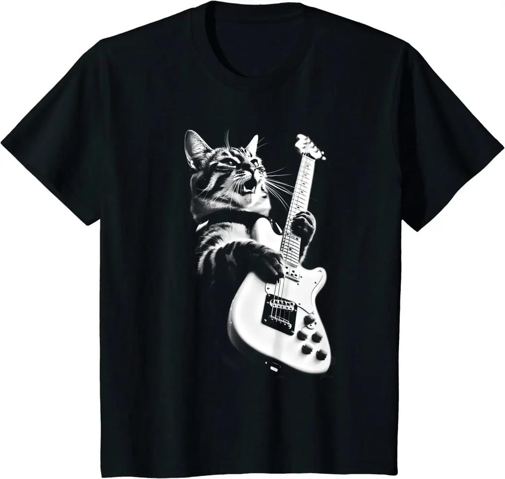Футболка Rock Cat Playing Guitar Funny Guitar Cat Men T-Shirt Hiphop Oversize T Shirt Casual Cotton Daily Four Seasons Streetwear Tees