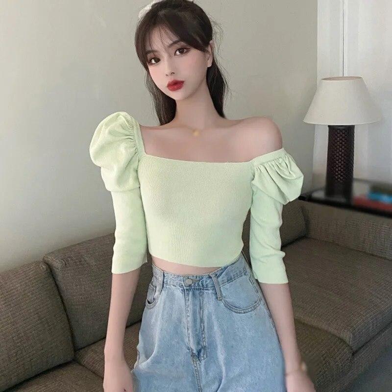 Женский повседневный короткий вязаный топ с квадратным вырезом и пышными рукавами