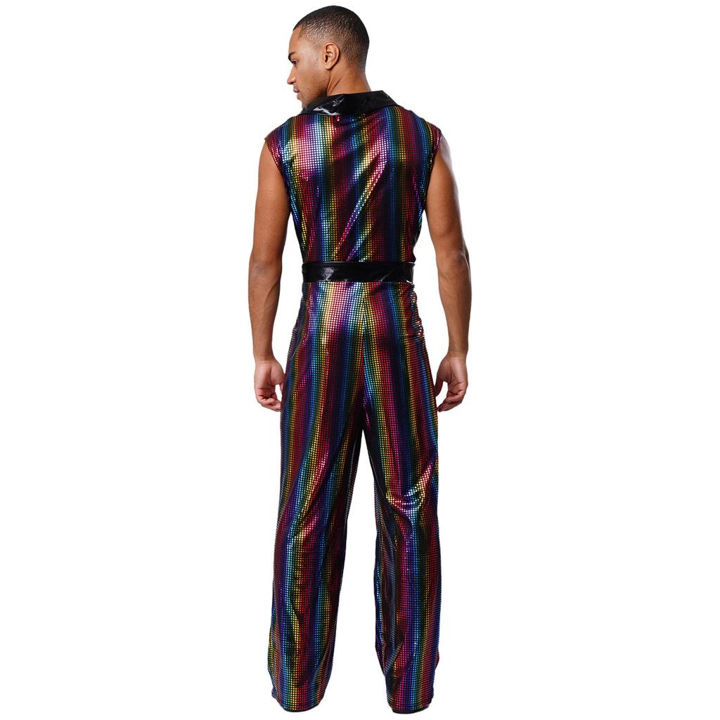 Retro 1920s Disco Outfit for Men M-3XL Metallic Shiny Plaid V Neck Lapel Sleeveless Wide Leg Jumpsuit for Club Rave Stage